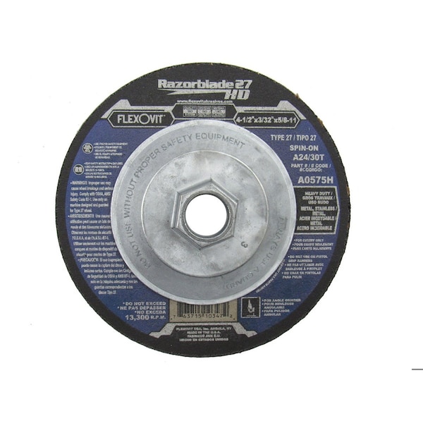 Flexovit Razorblade 27 HD Razorblade 27 HD Heavy Duty Cut-Off Wheel, 4-1/2 in Dia x 3/32 in THK, A24/30T Grit A0575H - main